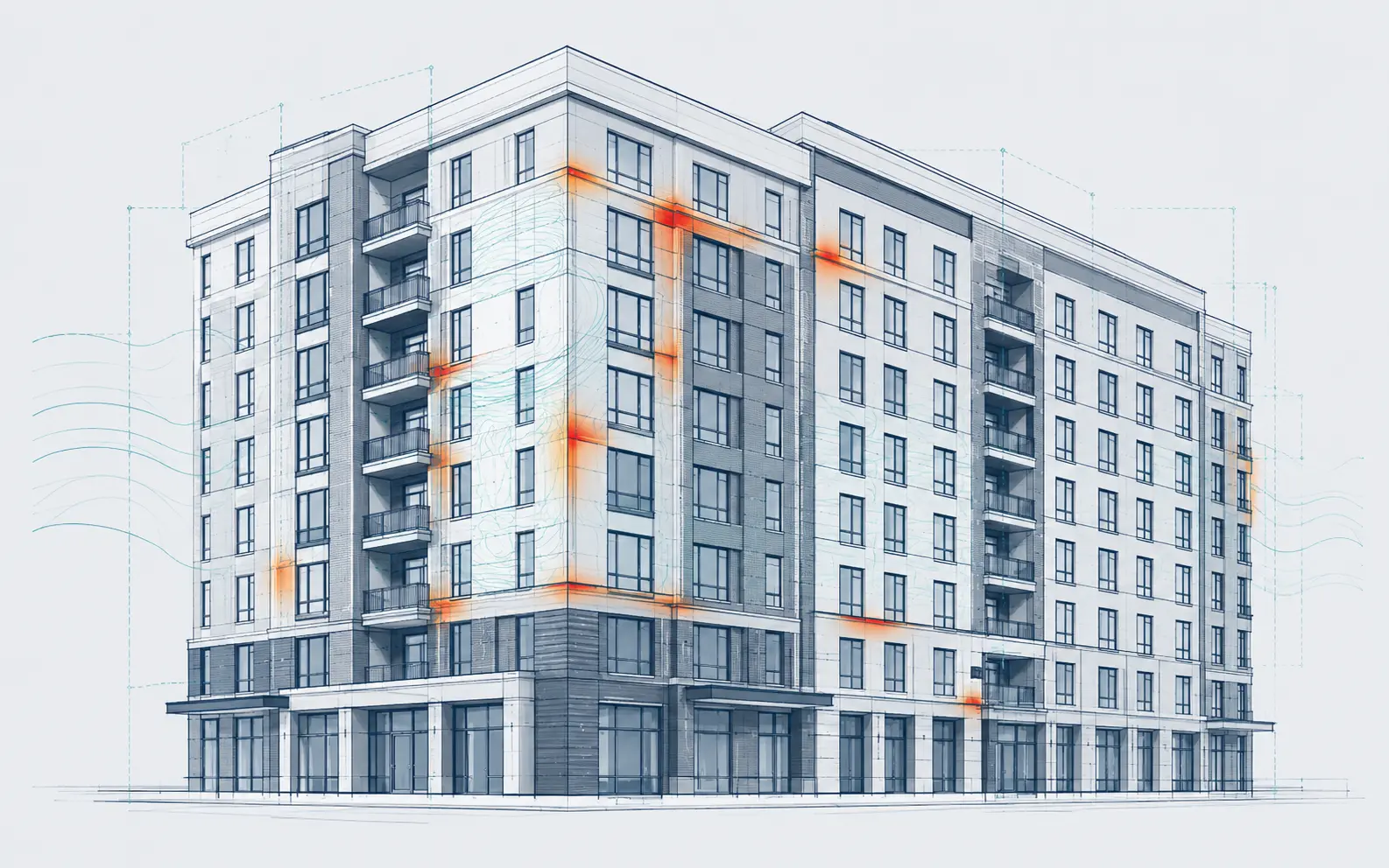 Techniczna ilustracja wielokondygnacyjnego budynku z zaznaczonymi strefami cieplnymi